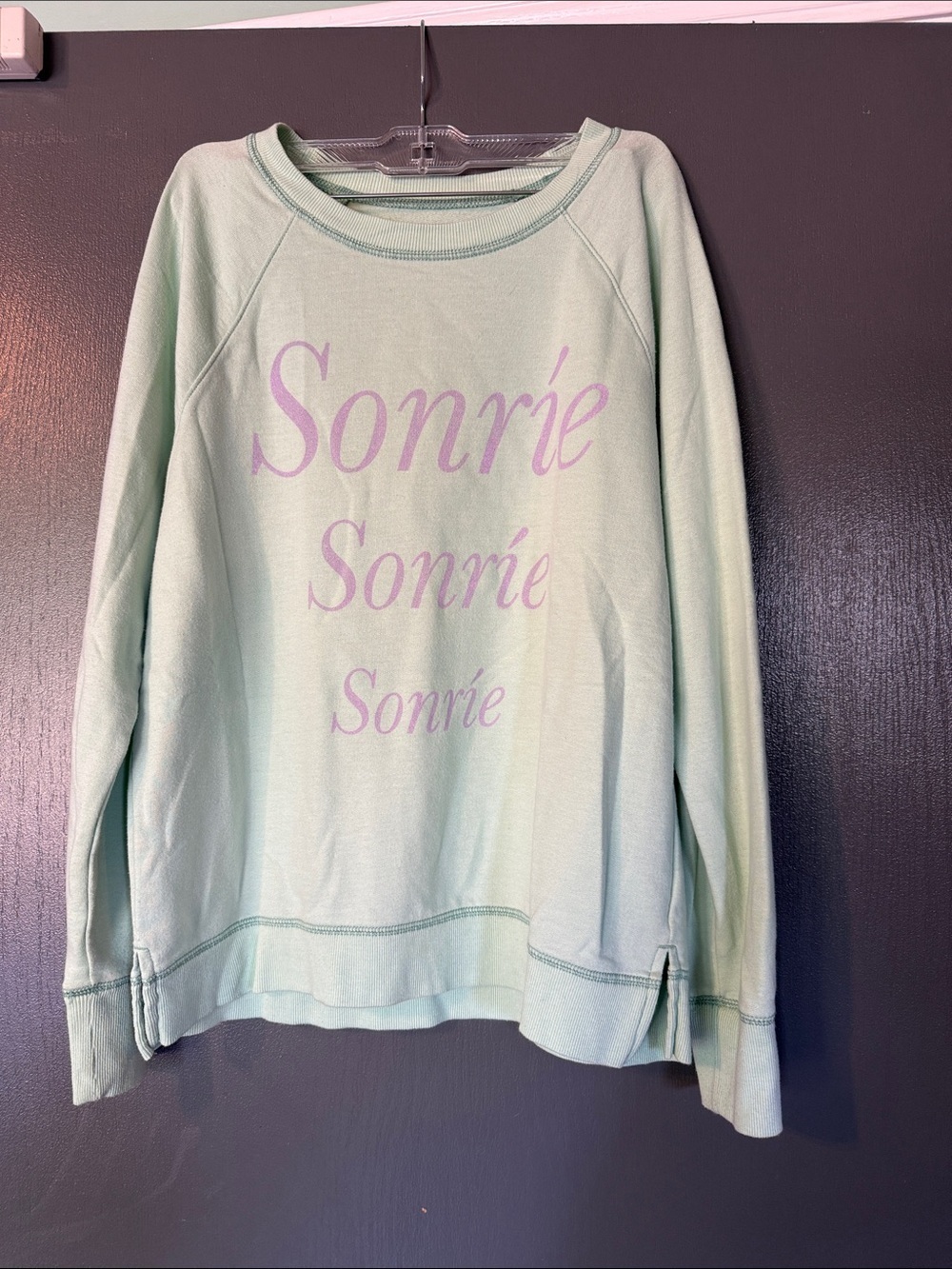 aerie lightweight Mint Green Sweatshirt with Lavender 'Sonríe' Print